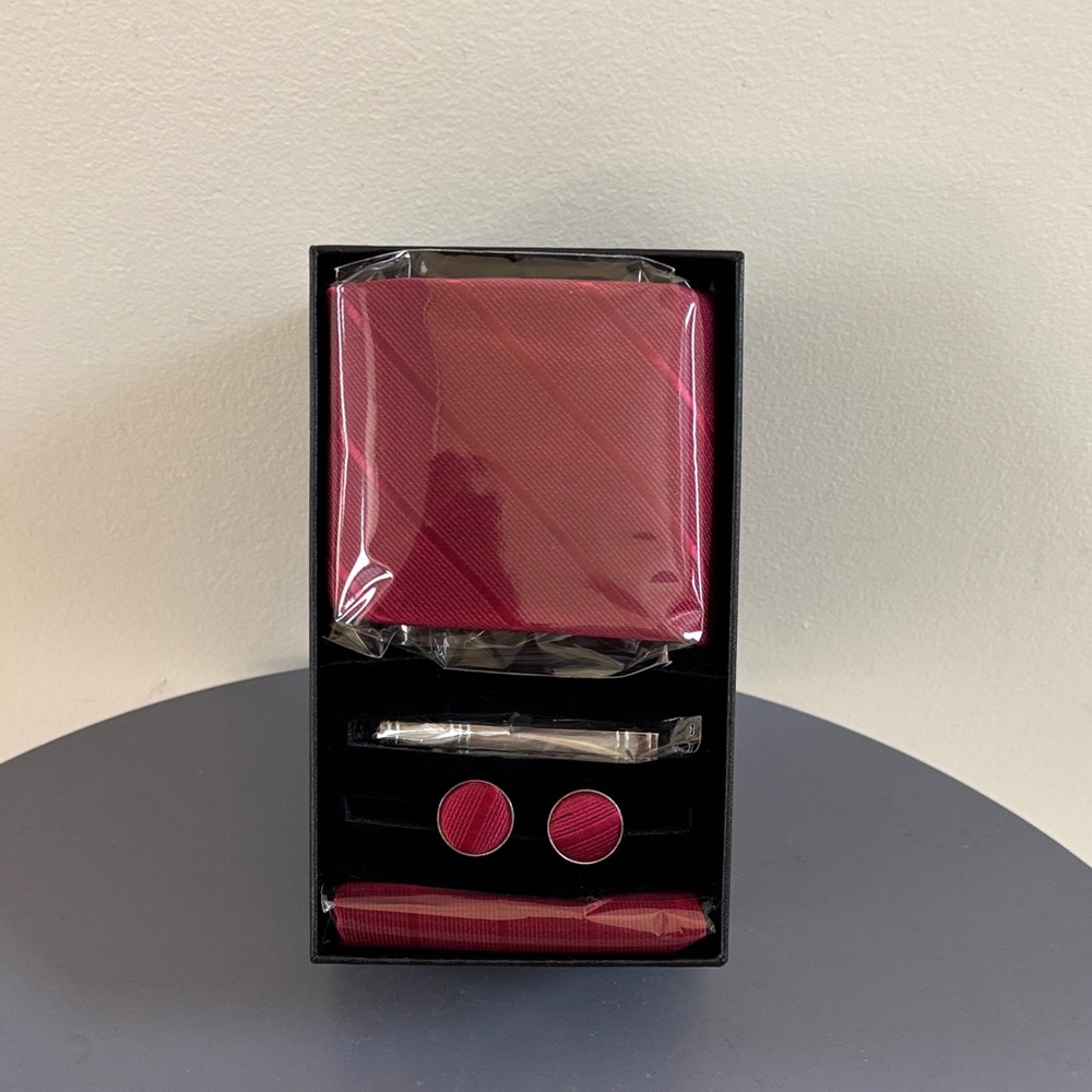 Men's Burgundy Tie Set with Cufflinks and Pocket Square